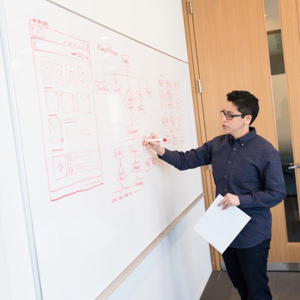 man in black dress shirt writing on dry-erase board