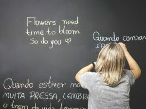 unknown person writing on chalkboard